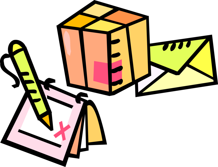 Vector Illustration of Envelope and Shipping Box Packages with Calendar and Pencil