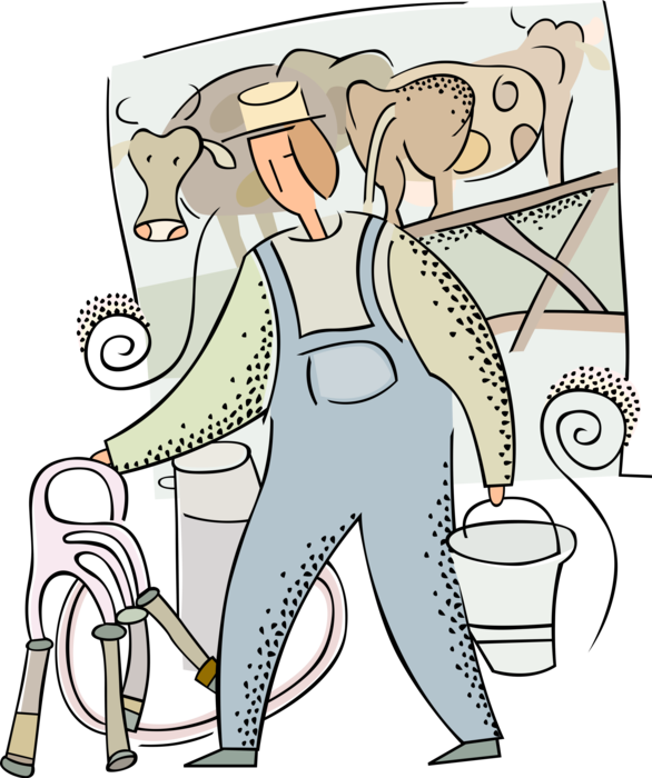 Vector Illustration of Dairy Farmer with Milking Machine and Cows in Farm Barn