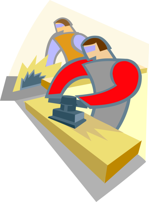 Vector Illustration of Carpenters with Sander Sanding and Table Saw Cutting Wood Lumber
