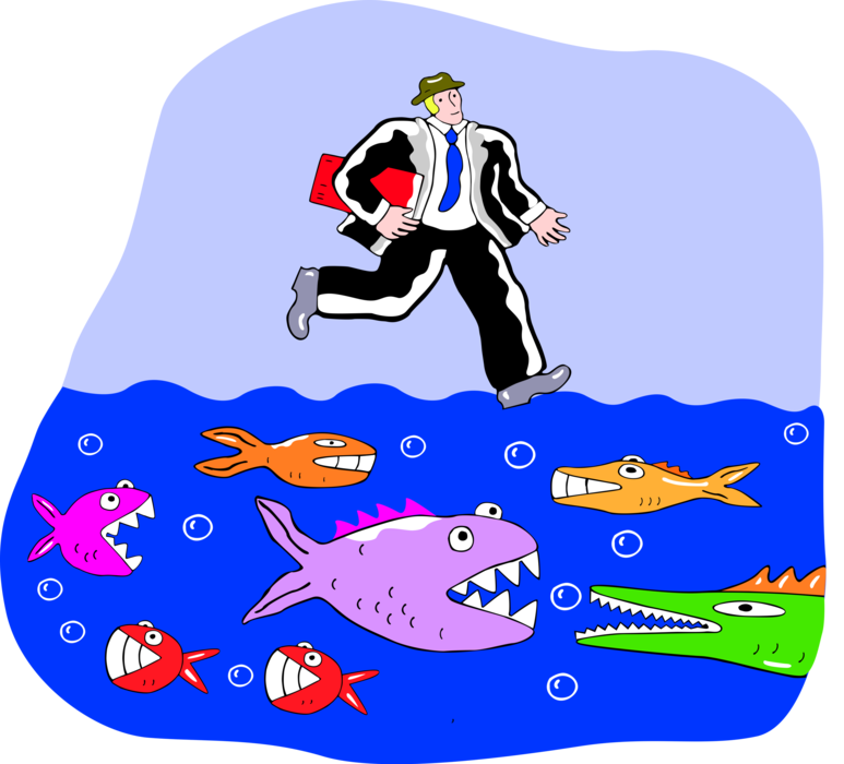 Vector Illustration of Businessman Walks on Water Avoiding Caution and Danger Lurking Below