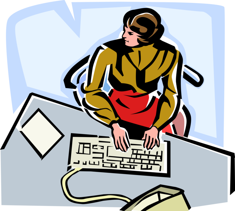 Vector Illustration of Businesswoman Working at Computer Keyboard