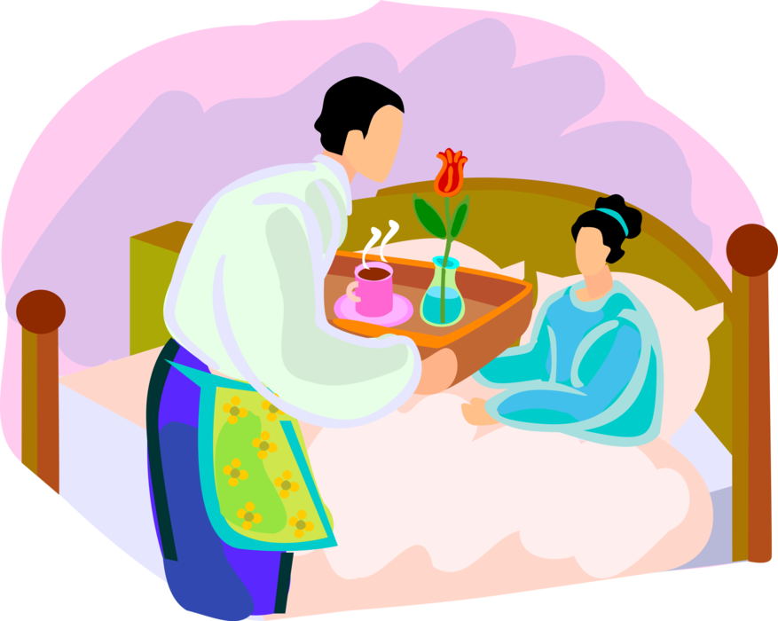 Vector Illustration of Husband Serves Breakfast in Bed to Wife