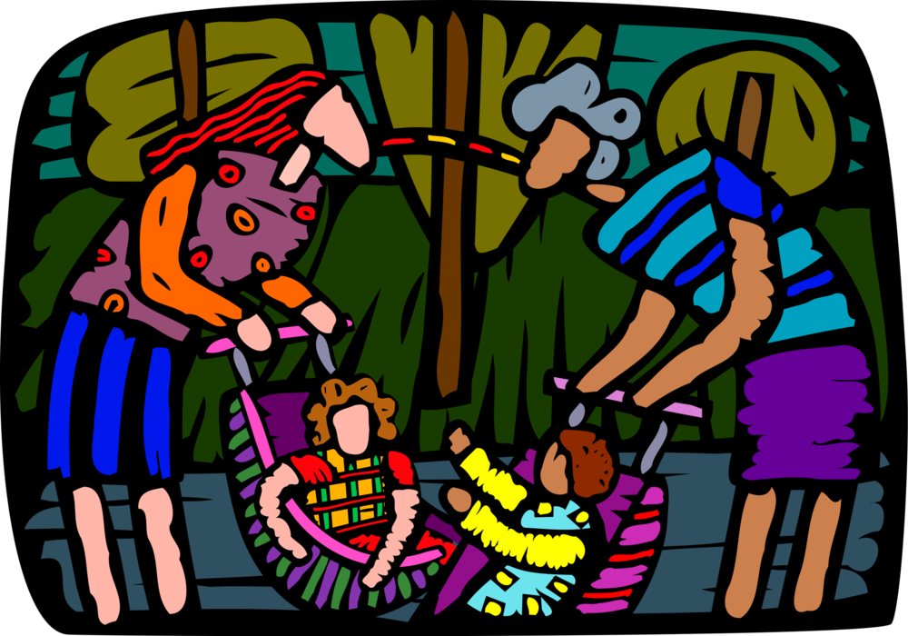 Vector Illustration of Mothers with Young Children in Pram Strollers at the Park