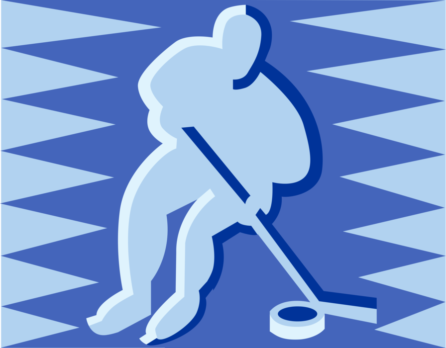 Vector Illustration of Sport of Ice Hockey Player Skating with Hockey Stick and Puck