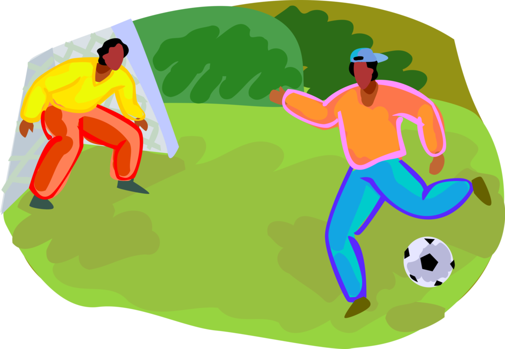 Vector Illustration of Children Playing Football Soccer Outdoors in Summer