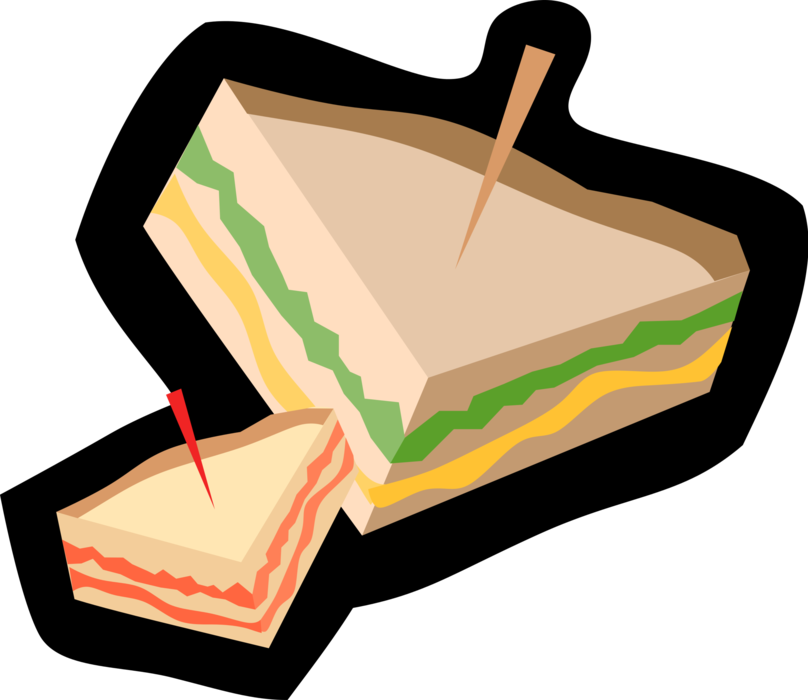 Vector Illustration of Sandwich Sliced Cheese or Meat Placed Between Slices of Bread