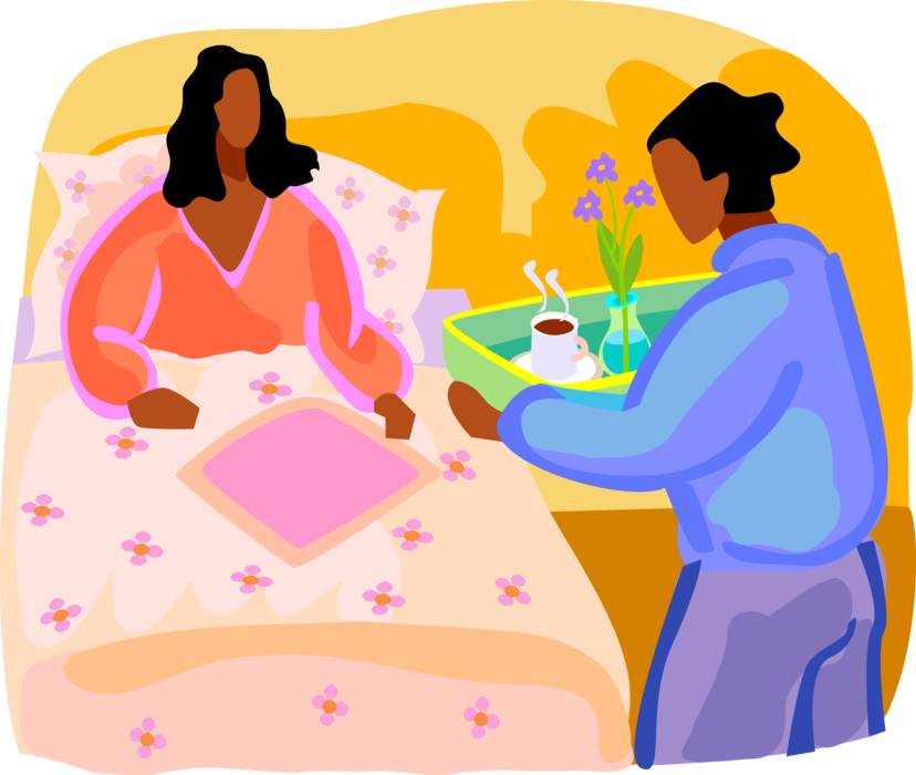 Vector Illustration of Mother Served Breakfast in Bed with Coffee and Flowers
