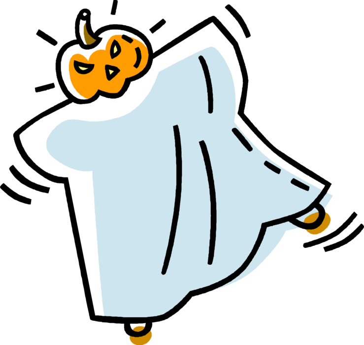 Vector Illustration of Halloween Goblin Ghost Costume with Jack-o'-lantern Carved Pumpkin Head
