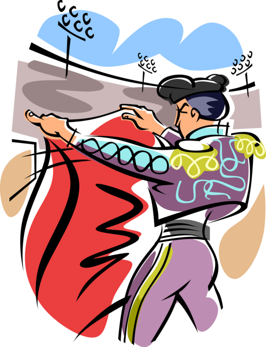 Vector Illustration of Spanish Toreador Bullfighter Matador in Bullring with Red Cape Fights Raging Bull