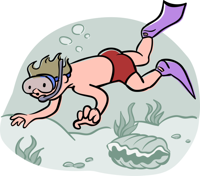 Vector Illustration of Snorkeler Swimming and Snorkeling in Ocean with Mask, Snorkel and Flipper Fins