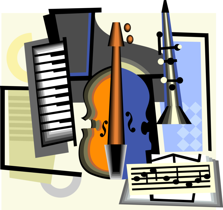 Vector Illustration of Classical Music Instruments Piano Keyboard, Cello and Clarinet with Musical Notation