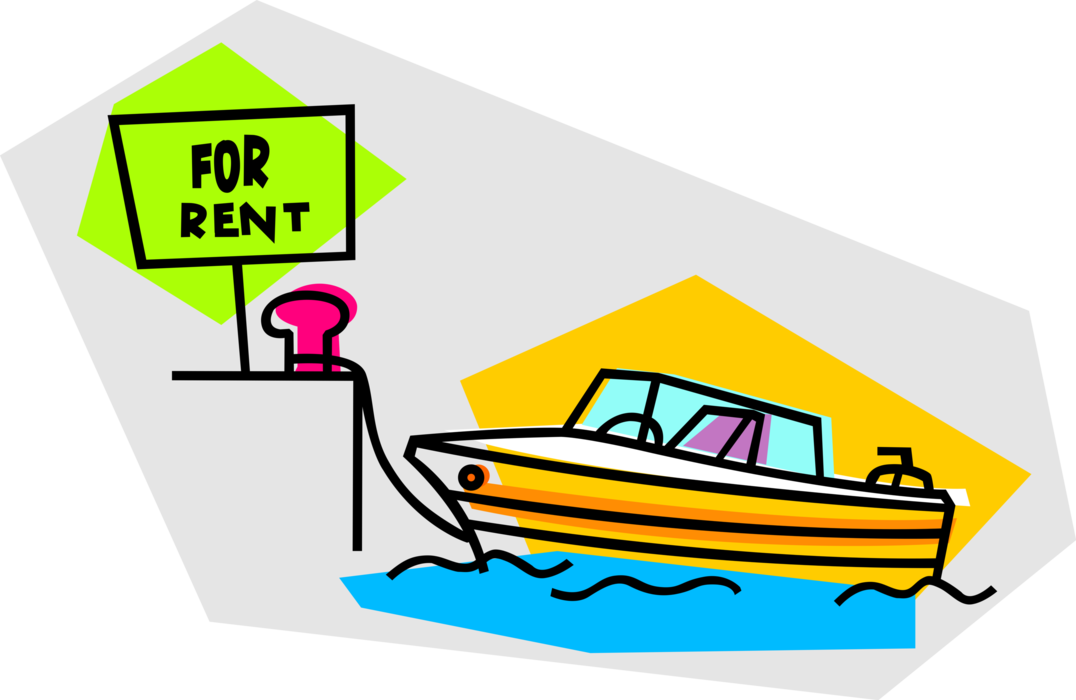 Vector Illustration of Speedboat Motorboat or Pleasure Craft Watercraft Boat for Rent at Marina Dock