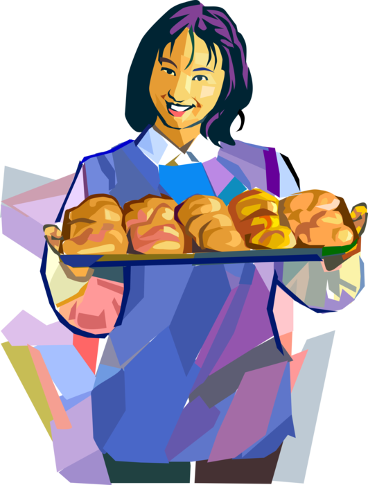 Vector Illustration of Oven Baked Fresh Pastry Buns and Rolls at Retail Bakery Store