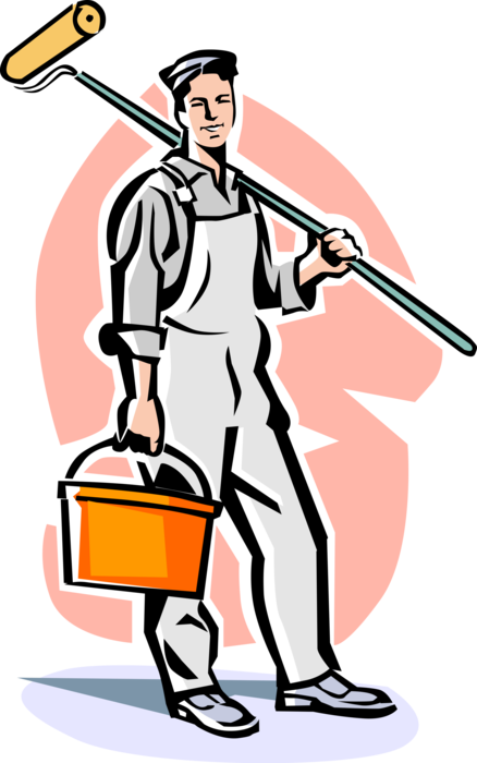 Vector Illustration of Home Renovation and Decoration Painter with Paint Roller and Bucket