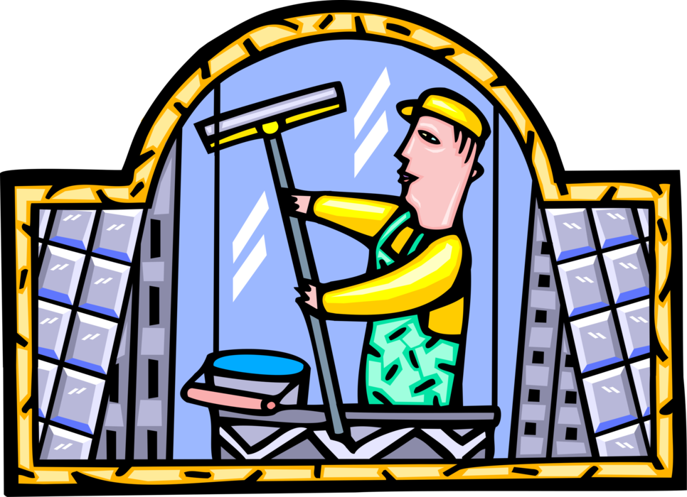 Vector Illustration of Window Washer Cleaning and Washing Office Tower Skyscraper Windows
