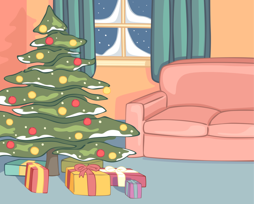 Vector Illustration of Festive Season Christmas Tree in Family Living Room with Ornament Decorations and Gift Presents