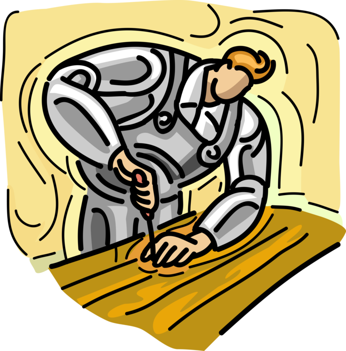 Vector Illustration of Woodworking Carpenter with Chisel and Wood