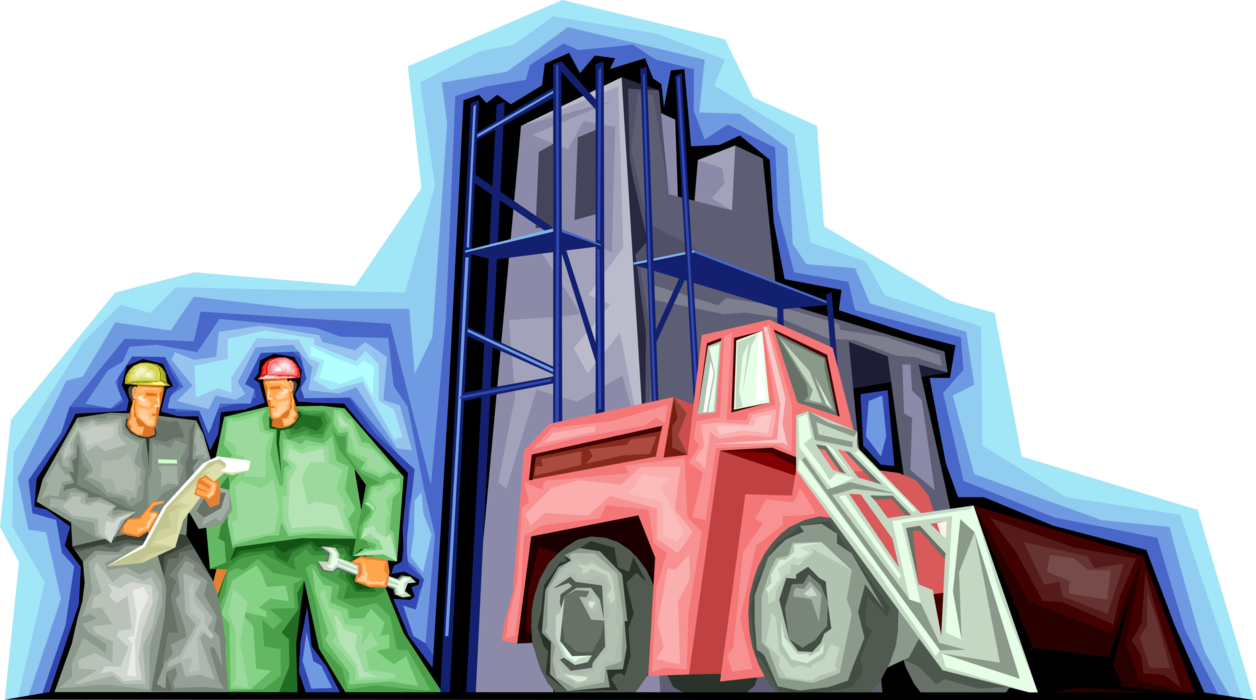 Vector Illustration of Construction Workers with Heavy Equipment Excavator and Building