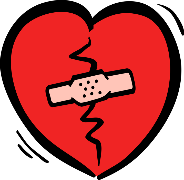 Vector Illustration of Broken Heart Suffers Heartbreak or Heartache with Band-Aid Bandage