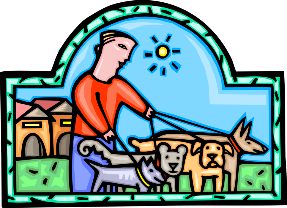 Vector Illustration of Family Pet Dog Walker Walking Neighborhood Pet Family Pet Dogs