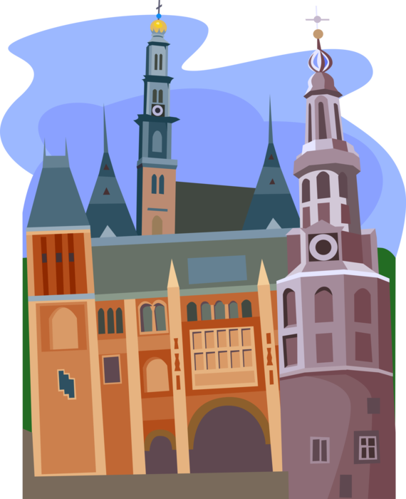 Vector Illustration of The Westerkerk Cathedral, Munttoren Clock, The Rijksmuseum, Amsterdam, Holland