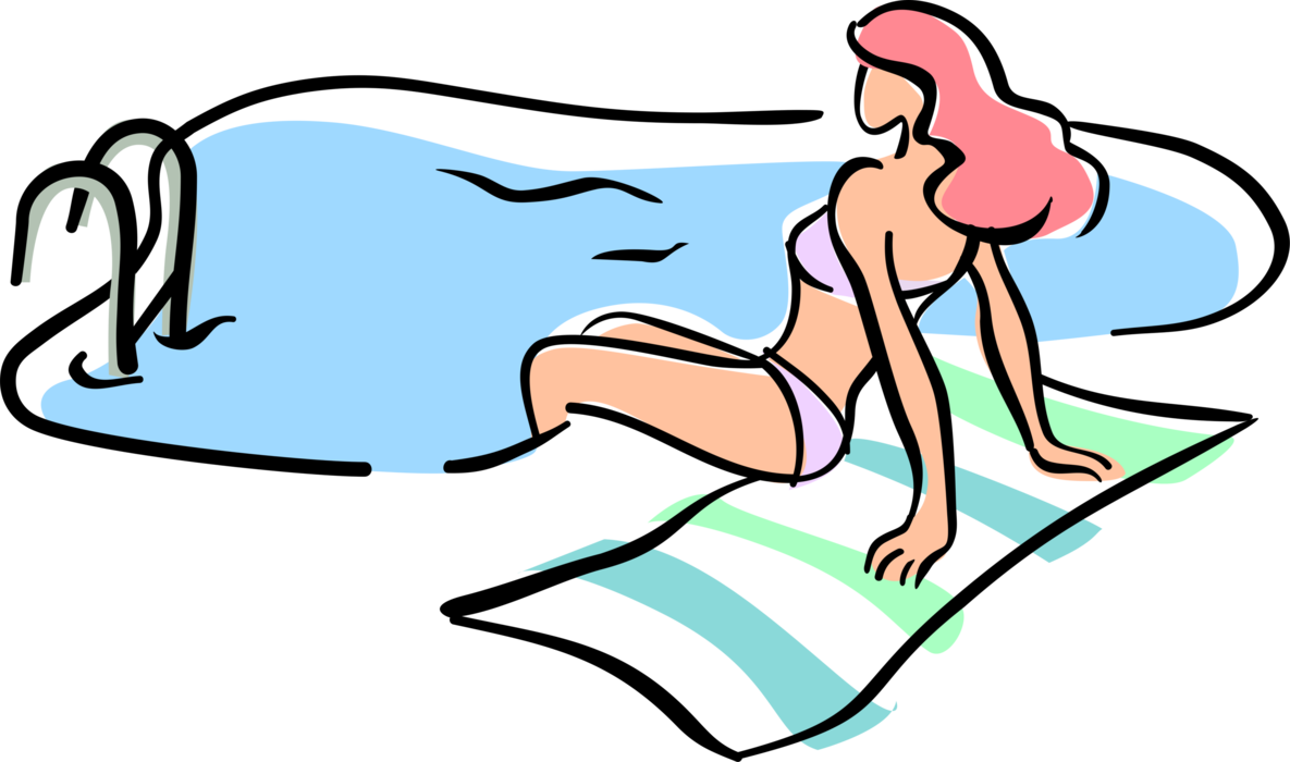 Vector Illustration of Woman in Bikini Bathing Suit Relaxes at Swimming Pool