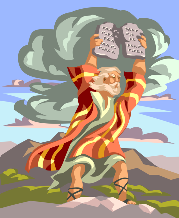 Vector Illustration of Moses with Ten Commandments Tablets on Mount Sinai Biblical Story