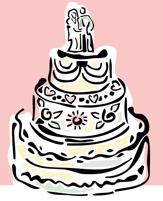 Vector Illustration of Wedding Cake Traditional Cake Served at Wedding Receptions with Bride and Groom Topper