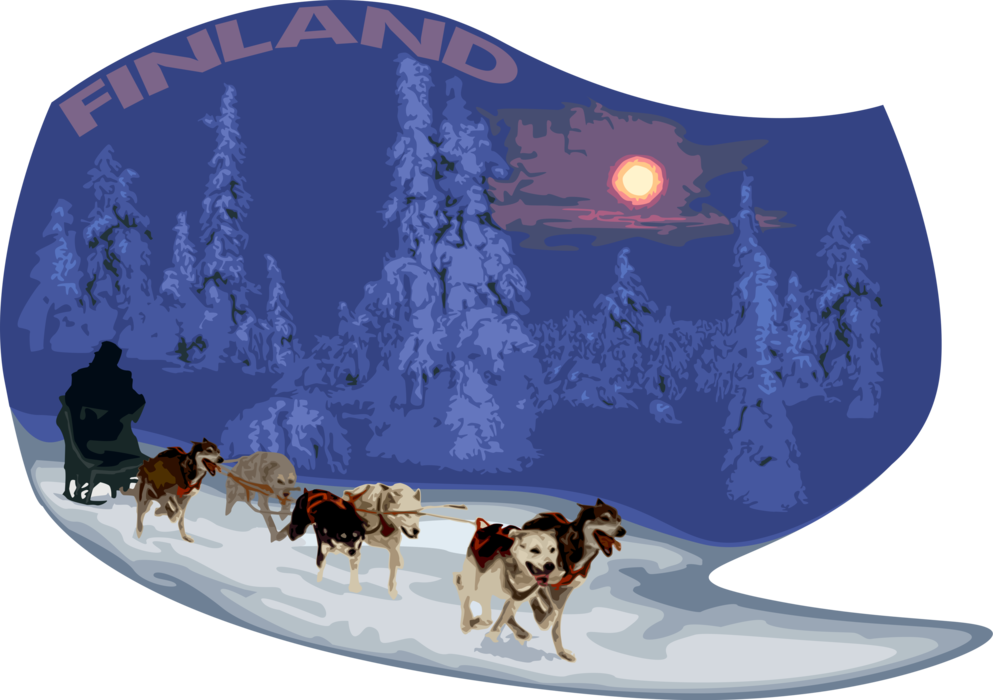 Vector Illustration of Dog Sled or Sleigh Team Race Through Snow in Finland