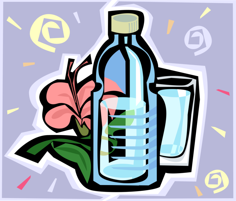 Vector Illustration of Natural Spring Bottled Water with Glass and Flower