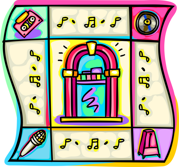 Vector Illustration of Vintage Record Playing Coin-Operated Jukebox Plays Music