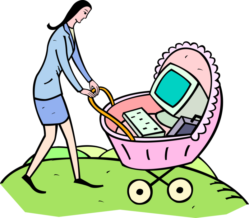 Vector Illustration of Businesswoman with Computer Technology in Baby Carriage
