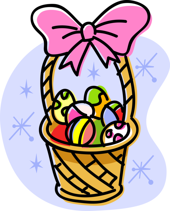 Vector Illustration of Easter Basket with Ribbon Bow Filled with Colored Decorated Pascha Eggs