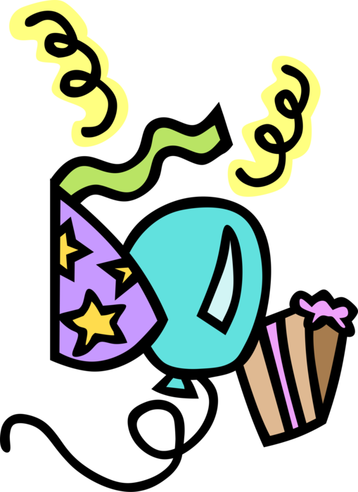 Vector Illustration of Birthday Party Hat, Balloon, and Cake