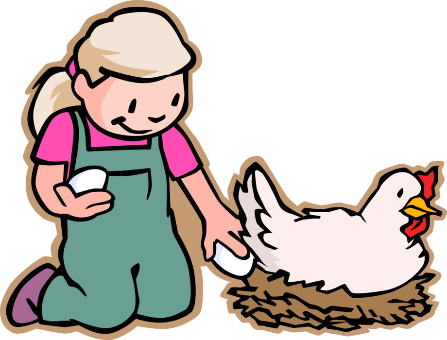 Vector Illustration of Primary or Elementary School Student Farm Girl Harvesting Chicken Eggs from Hen
