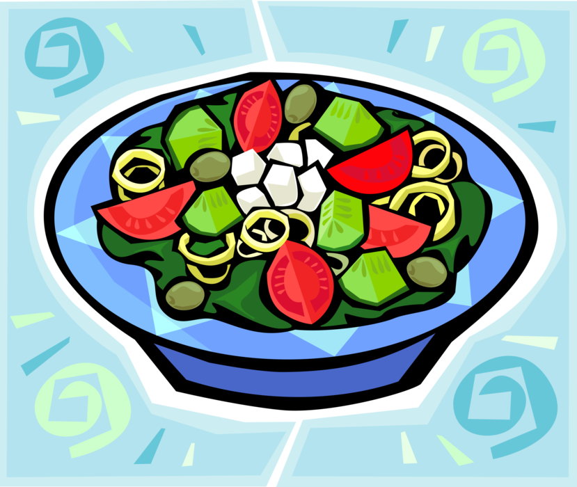 Vector Illustration of Garden Salad Greens with Cucumber, Tomato and Olives