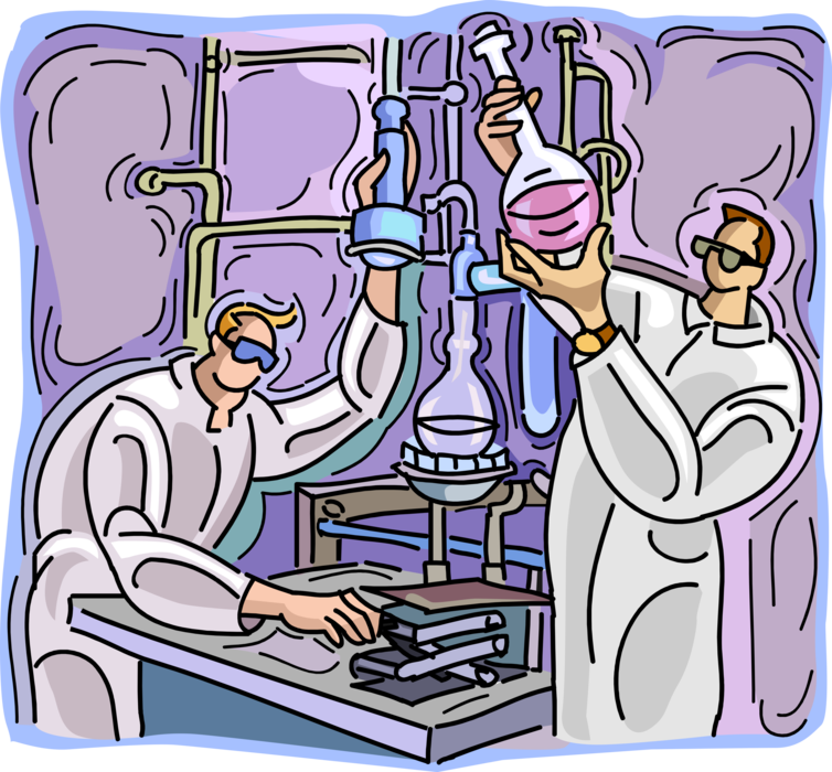 Vector Illustration of Chemistry Industry Laboratory Chemists Mixing Chemical Compounds in Laboratory