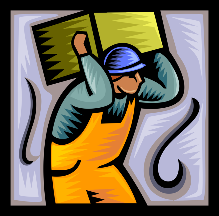 Vector Illustration of Construction Tradesman Worker Carries Building Materials on Job Site