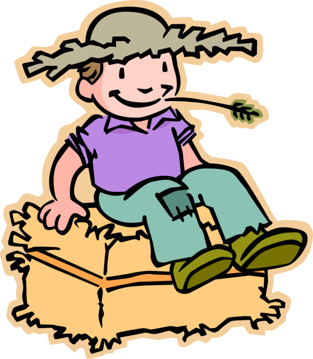 Vector Illustration of Primary or Elementary School Student Boy Farmer Sits on Farm Alfalfa Hay Bale