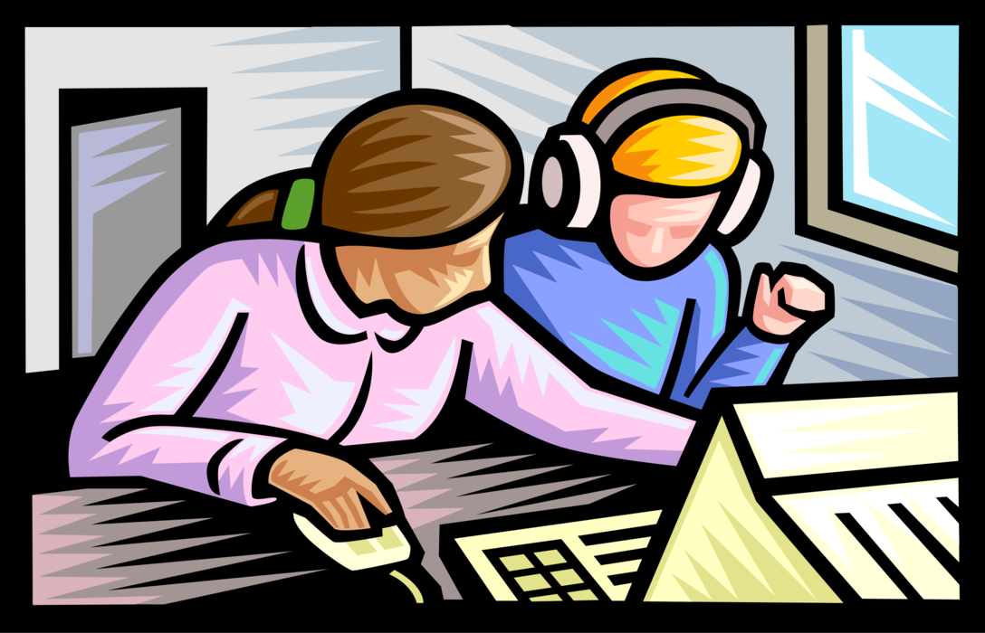 Vector Illustration of Students Working in School Classroom at Computer
