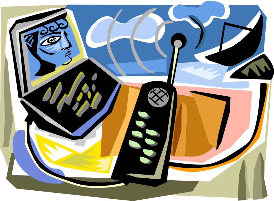 Vector Illustration of Satellite Telecommunications with Cellular Phone and Computer