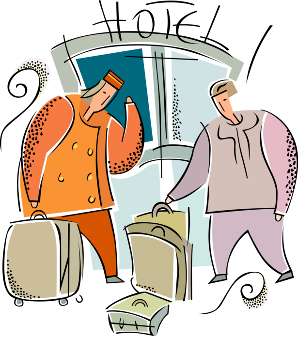 Vector Illustration of Hospitality Industry Hotel Concierge Bell Hop and Guest Traveler with Luggage Suitcases
