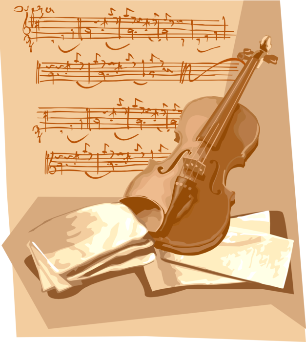 Vector Illustration of Violin or Fiddle Stringed Musical Instrument with Sheet Music