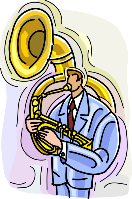 Vector Illustration of Musician Playing Tuba Large Brass Musical Instrument