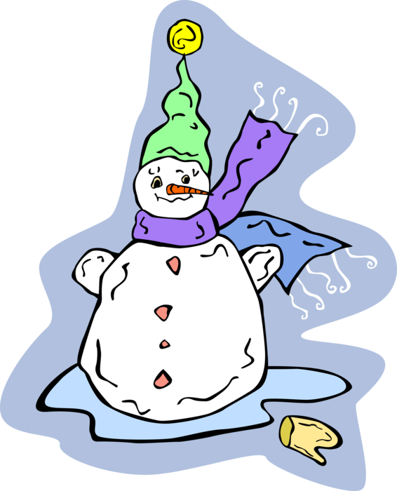 Vector Illustration of Snowman Anthropomorphic Snow Sculpture Begins to Melt