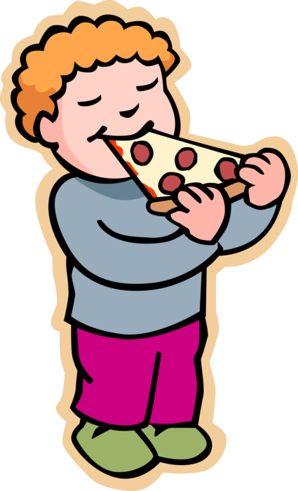 Vector Illustration of Primary or Elementary School Student Boy Eating Slice of Pizza