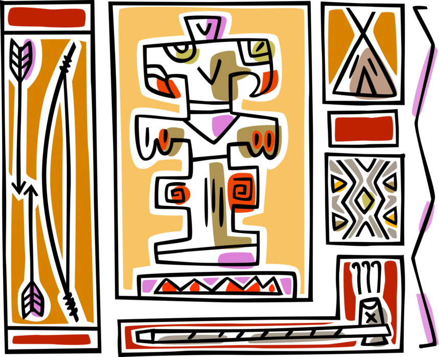 Vector Illustration of Cascadia Totem Pole with Bow & Arrow and Indian Tee Pee