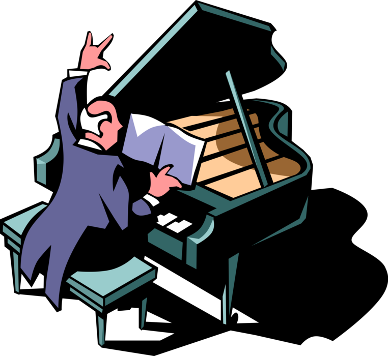 Vector Illustration of Concert Pianist Musician Plays Grand Piano Keyboard Musical Instrument