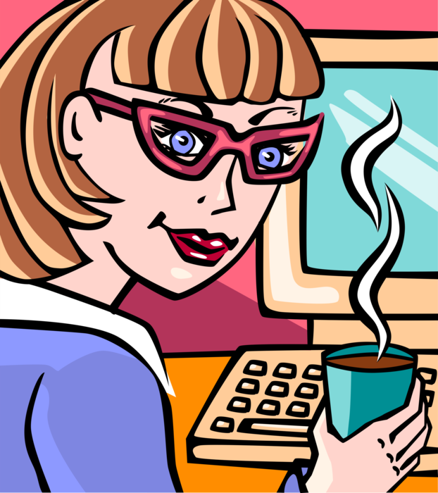 Vector Illustration of Office Worker Enjoying Morning Coffee at Desk