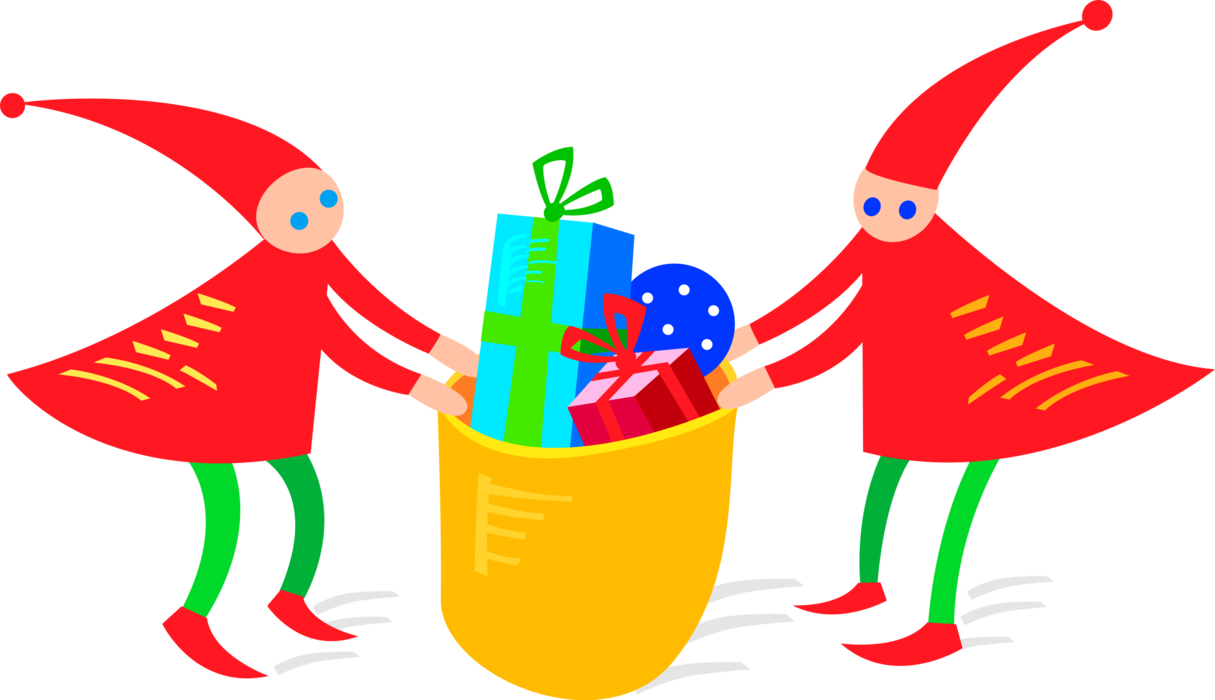Vector Illustration of Santa's Elves with Christmas Present Gifts